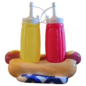 Vtg 1999 Ketchup Mustard Serving Bottles Holder Hotdog Bun Stand Ceramic Picnic